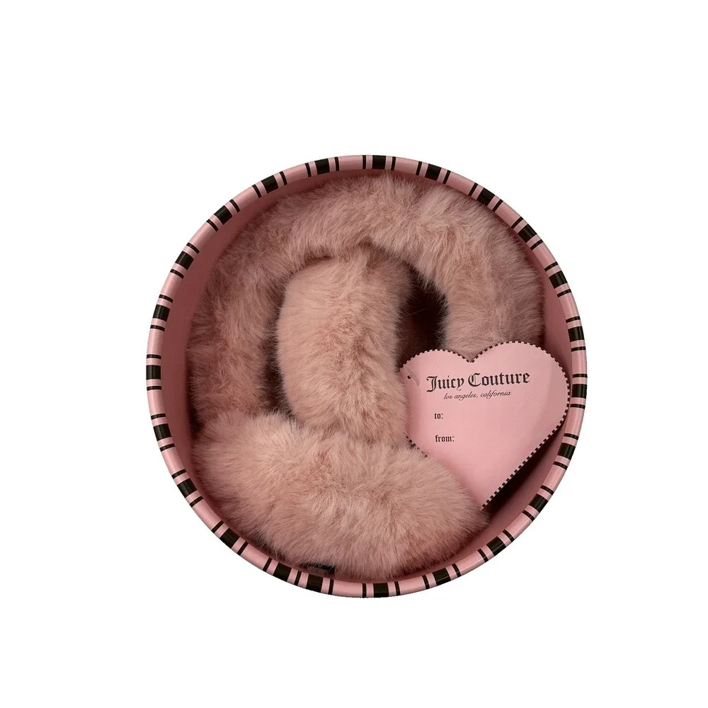 Juicy Couture Pink Faux Fur Earmuffs Pink Stripped Gift Box Y2K Winter NWT